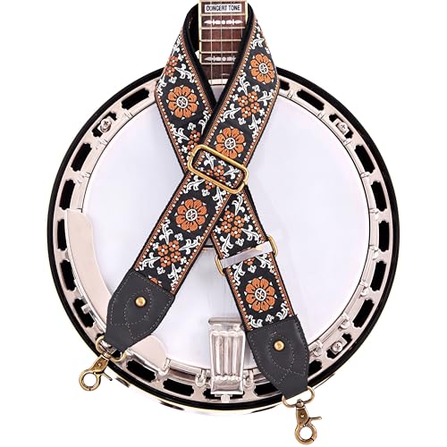 Nefelibata Banjo Strap,2"Wide Double Crazy Horse Leather Jacquard Embroidery Strap Adjustable Replacement,Multi-pattern Strap With Metal Clips - color: A#-black Leather Embroidery