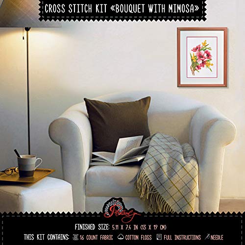 Povitrulya Flower Embroidery Kit 'Bouquet with Mimosa' - DIY Cross Stitch Set for Engagement, Graduation, Mother's Day Gift - color: Bouquet with Mimosa