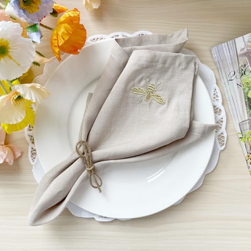 DerF HOME Embroidered Linen Napkins Set of 4, Natural 18x18 Inch - color: Nature-napkins(set of 4)