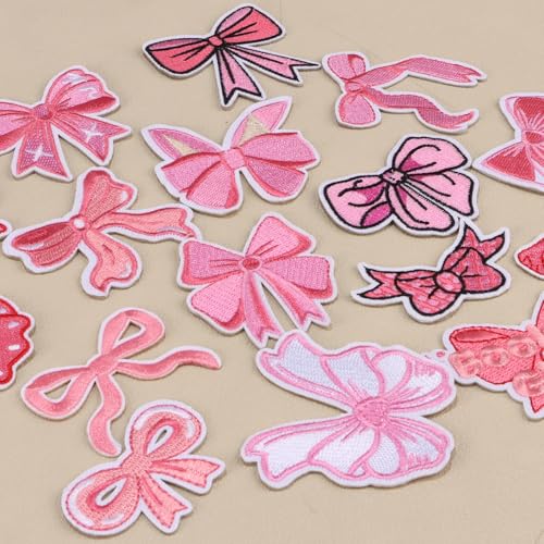 16pcs Bow Iron on Patches, Cute Pink Embroidered Applique Patch for Clothes - color: Pink Bow, 16pcs