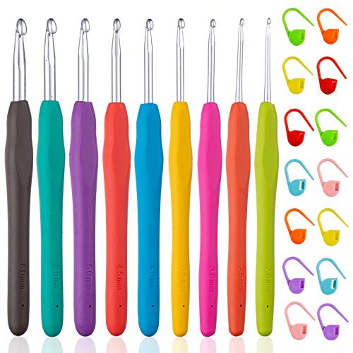 Vodiye 9 Sizes Ergonomic Crochet Hooks Set, Soft Grip, 2.0-6.0mm - size: 9 Size(2.0-6.0mm)