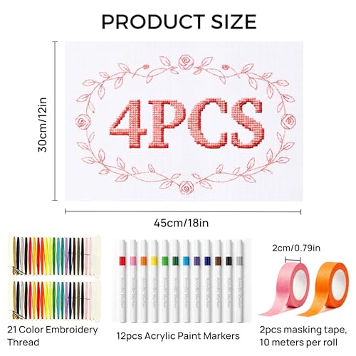 Complete 18 Mesh Needlepoint Canvas Kit for Beginners & Adults, 4 Pcs 12x18 Inch Needlepoint Blank Canvas with Needles, Threads & Markers for DIY Crafts & Gifts