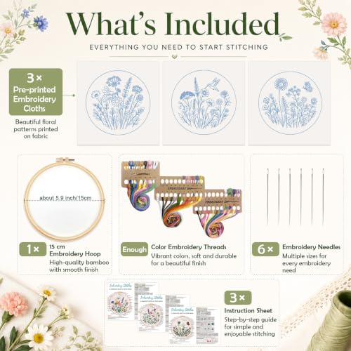 Nuberlic Embroidery Kit for Beginners, 3 Pack Floral Stamped Embroidery Starter Kit with Hoop, Pre Printed Flower Patterns, Threads, Needles and Step by Step Instructions, DIY Needlework Gift - color: flower