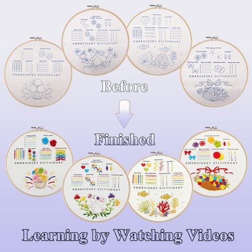 VIVIDOX 4 Sets Embroidery Kit for Beginners with Stitch Video, Cross Stitch Kits for Adults, Hand Craft Lover, Starters Easy Practice with Stamped Pattern, Hoop, Needles, Scissors, Tools & Instruction - color: Beginner Kit (with 1 Hoop)