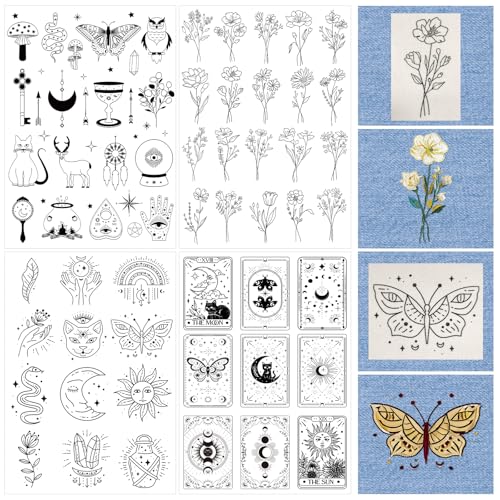 Water Soluble Embroidery Patterns Stabilizers - Rngmsi 4 Pcs Mystic Boho Stick and Stitch Embroidery Paper Wash Away, Flower Moon Cat Designs Transfer Patterns Stabilizers for Hand Sewing - color: Mystic Boho Flower