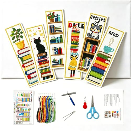 Zhenqing Bookish Cat Stamped Cross Stitch Bookmark Kit, 6 Bookshelf and Reading Designs on 11CT Printed Fabric for Adults and Beginners, Gift for Book and Cat Lovers - color: Cat Bookshelf Bookmarks