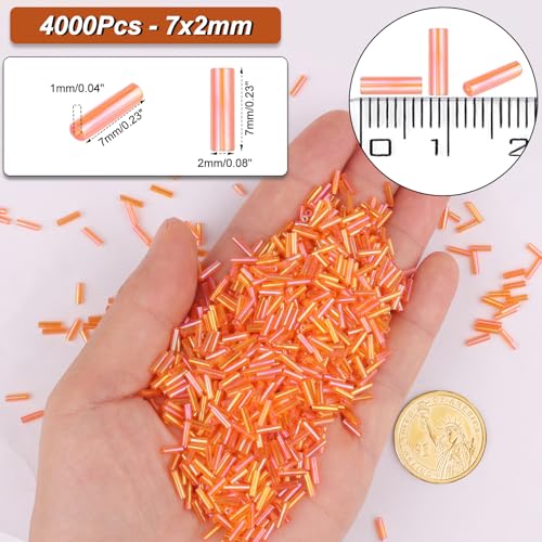 4000 Pcs Tangerine Orange Glass Bugle Beads, 2 x 7 mm Embroidery Beads, Small Long Tube Seed Beads for Embroidery Craft Jewelry Making - color: Tangerine Orange