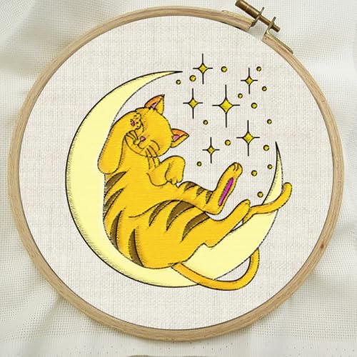 BENECREAT 4Sheets 27Pcs Moon Cat Water Soluble Embroidery, 11.7x8.3inch Stars and Flower Cat Stick and Stitch Embroidery Paper Stabilizer for Shirts, Coats, Bags - style: Moon Cat