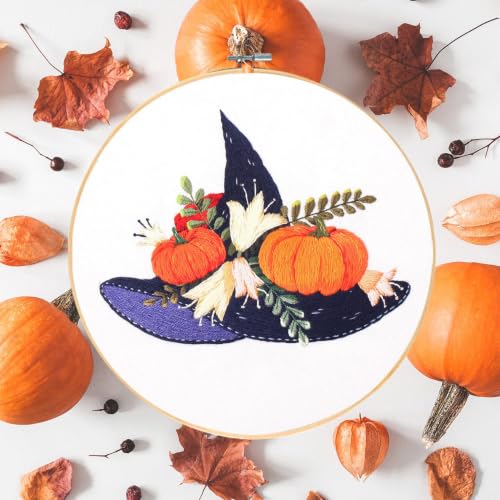 Santune 4-Pack Halloween Embroidery Kit Cross Stitch Kits for Beginners DIY Needlepoint Kit with 4 Embroidery Clothes Featuring Pumpkin Patterns,2 Hoops,Color Threads,Needles - color: Halloween Pumpkin