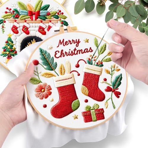 ERKOON Embroidery Kit for Beginners, 5 Sets Christmas Cross Stitch Set for Adults Include Embroidery Cloth Hoops Threads for Craft Lover Hand Stitch with Skill Techniques (Christmas#1) - color: Christmas#1