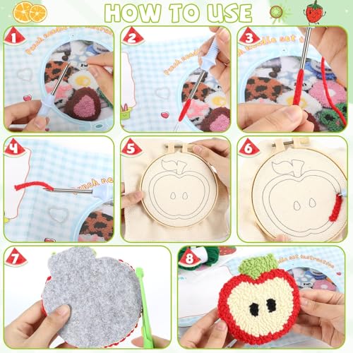 Justforjoyful 6 Set Punch Needle Embroidery Coasters Craft Kits Punch Needle Refrigerator Magnets Kit Tool Threader Fabric for Christmas Winter Beginners Adults DIY Handmade Gifts Party(Fruit)