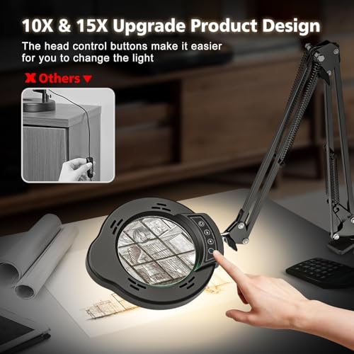 15X 10X Magnifying Glass with Light and Clamp, Magnifying Lamp