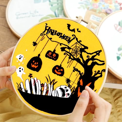Topapfo Halloween Embroidery Kit with Tutorial, Beginners Adults Embroidery Pattern with Instruction Hoop Threads Needles - color: halloween