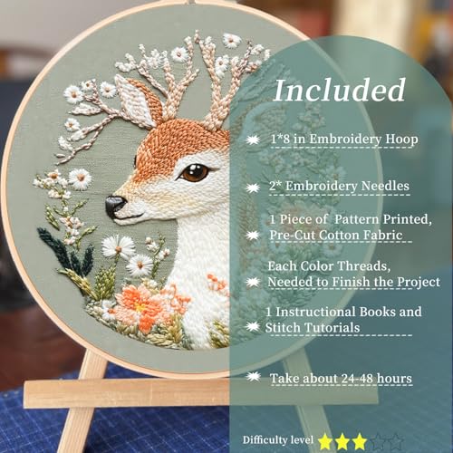 FONNUY Printed Deer and Floral Embroidery Kit with Hoop, Cross Stitch Kits for Beginners, Handmade Crafts, Easy to Follow Color Thread Needlework, 8'' Hoop (Floral Whispers Deer Listening) - color: Floral Whispers Deer Listening