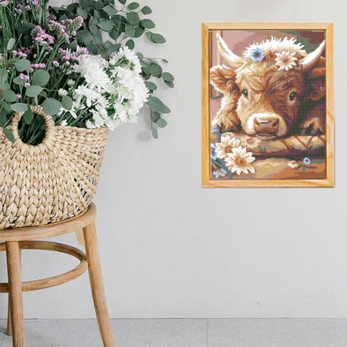 FREEBLOSS Cross Stitch Kit Highland Cattle Stamped Cross Stitch Kit Cross Stitch Wall Hanging for Adults with Instructions Pure Cotton Cloth Cross Stitch for Beginnrs 15.7 * 19.7'' No Frame