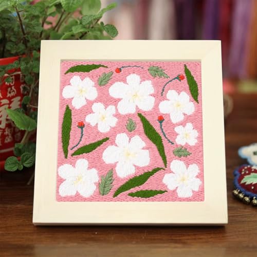 Allazone Punch Needle Embroidery Kit Frame - Square Fabric with Flower Pattern, Hoop, Yarns, Punch Needle (Pink and White) - color: Pink and White