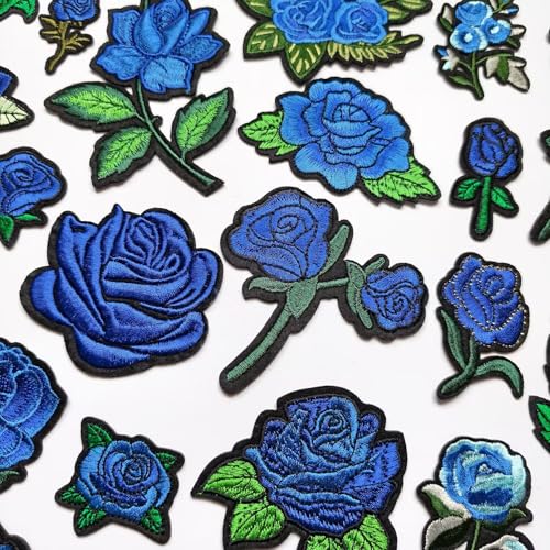 25pcs Rose Iron on Patches, Assorted Sizes Blue Floral Embroidered Patches Applique for Clothes Hats Jeans Jacket - color: Blue Rose
