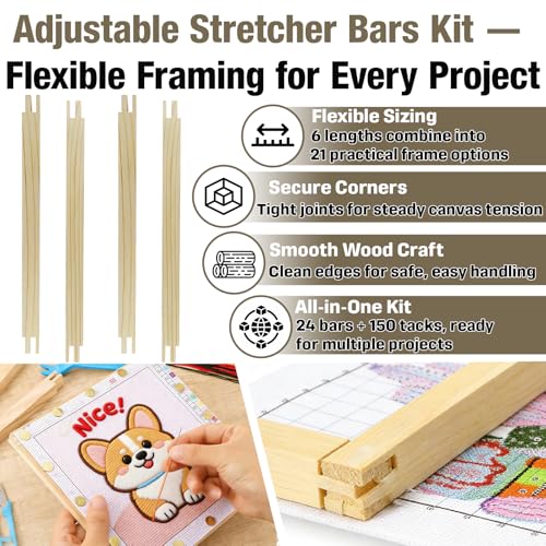 24pcs Needlepoint Stretcher Bars Kit,Canvas Frames for 6/8/10/12/14/16 Inch