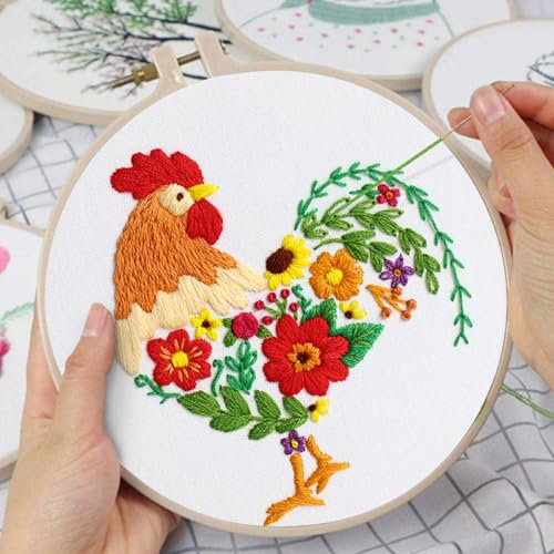 Louise Maelys Embroidery Kit for Beginners with Funny Rooster and Flower - color: Rooster