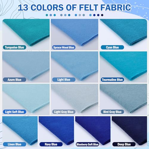 XSEINO 13 Rolls 8"x35" 1.4mm Thick Soft Felt Fabric Sheet 13 Assorted Blue Series Colors Felt Pack Pastel Felt Sheets for DIY Craft Sewing Squares Nonwoven Patchwork - color: Blue Hues