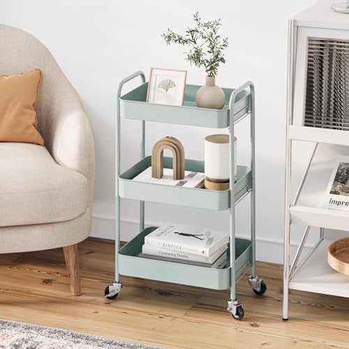 TOOLF 3 Tier Metal Rolling Cart, Utility Storage Cart with Wheels, Green - color: Green, size: 3-Tier