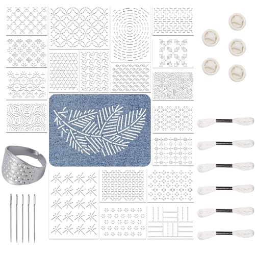 21 Pcs Plastic Sashiko Stencils Kit 8.3 x 5.9 Inch Geometric Sashiko Pattern Stabilizers and Needles Thread Tool Kit for Sewing Hand Quilting and Embroidery - size: 8.3 x 5.9 (21PCS)