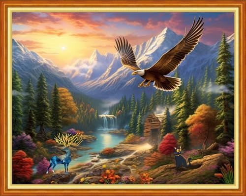 Dimensean Stamped Cross Stitch Kits Full Range of Embroidery Patterns Starter Kits for Beginners Adult DIY Cross Stitches Needlepoint Kits 11CT-Eagle elk 16x20 inch - color: Craftpattern62