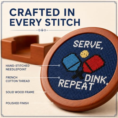 Khen Pickleball Hand-Stitched Needlepoint Coasters - Set of 4, Wooden Holder Solid Wood Needlepoint Inlay French Cotton Thread 4" Durable Decorative Gift, Drink Mats Unique Pickleballers Barware Gifts