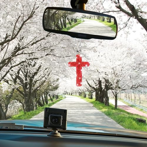 Bling Car Rear View Mirror Accessories Hanging Pendant,Cross Crystal Rhinestone For Car Mirror Hanging,Double-Sided Cross Diamond Religious,Interior Men Women Car Accessories - color: Red