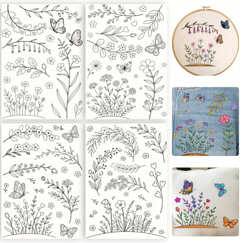 26Pcs Flower Vine Embroidery Patterns Stabilizers 11.7 x 8.3 Inch Water Soluble Stick and Stitch Embroidery Paper Flowers Pattern Wash Away Transfer Paper Stabilizer for DIY Hand Sewing - color: Plants