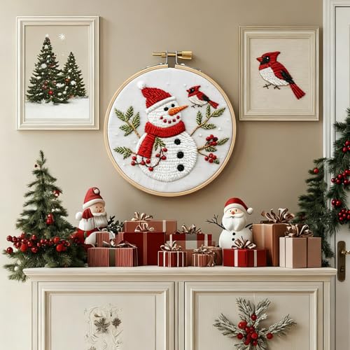 Christmas Embroidery Kit DIY Hand Embroidery Starter Cross Stitch Kits, Christmas Ornaments Embroidery with Stamped Pattern,Cotton,Threads,Needles,Instructions for Adults Beginners (Snowman) - color: Snowman