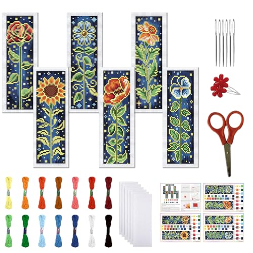FREEBLOSS 6 Set Cross Stitch Bookmark Kit 11 CT Stamped Cross Stitch Kit DIY Embroidery Bookmark Kits for Adult Beginners with Instructions, Brightly Flowers Pattern, 6 x 20 cm/8" x 2.4" - style: Bright Edged Flowers