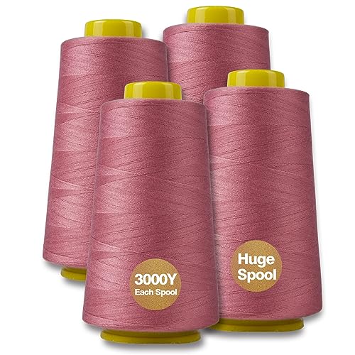 Rubber Red Serger Thread, All-Purpose Thread for Sewing, Polyester, 4 Cones of 3000 Yards Each Spool for Sewing Machine - color: 4 Rubber Red