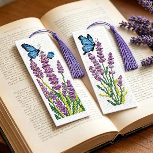 ACRNIGHEET 6PCS Cross Stitch Bookmark Kit for Beginner Stamped Cross Stitch Kits for Adults Lavender DIY Tassel Embroidery Bookmark Kits Needlepoint Kit with Instructions Craft Gift 8.5''x3'' 11CT - style: Lavender Butterfly with Tassel