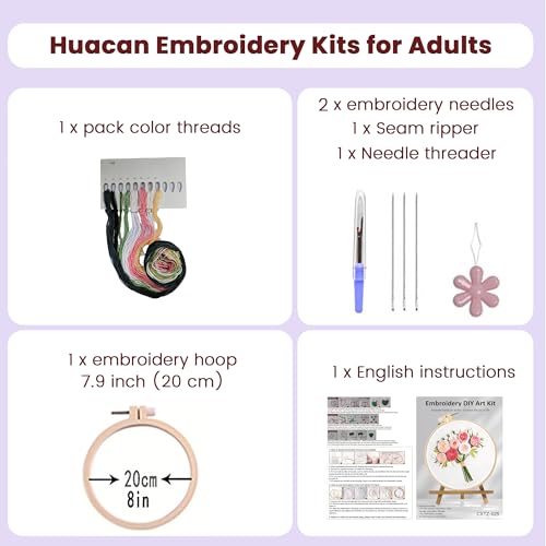 Huacan Embroidery Kits for Adults Beginner Stamped Flowers Pattern 4 Pcs DIY Cross Stitch Floral Stitching Sewing Kit 7.9 x 7.9 Inch - color: Flower 2