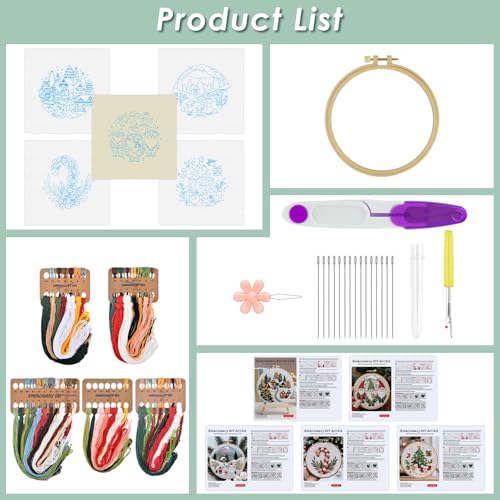 ERKOON Embroidery Kit for Beginners, 5 Sets Christmas Cross Stitch Set for Adults Include Embroidery Cloth Hoops Threads for Craft Lover Hand Stitch with Skill Techniques (Christmas#2) - color: Christmas#2