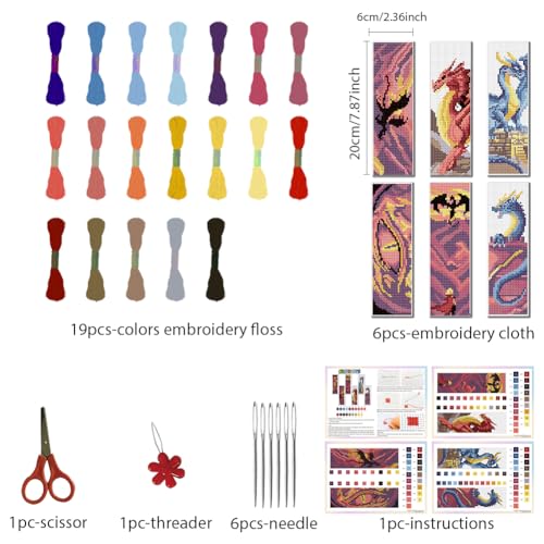 FREEBLOSS 6 Set Cross Stitch Bookmark Stamped Cross Stitch Kit with 6 Different Dragon Patterns Embroidery Kit with Instruction DIY Bookmark Kit for Gift Adults 8''x2.4'' - style: Dragon