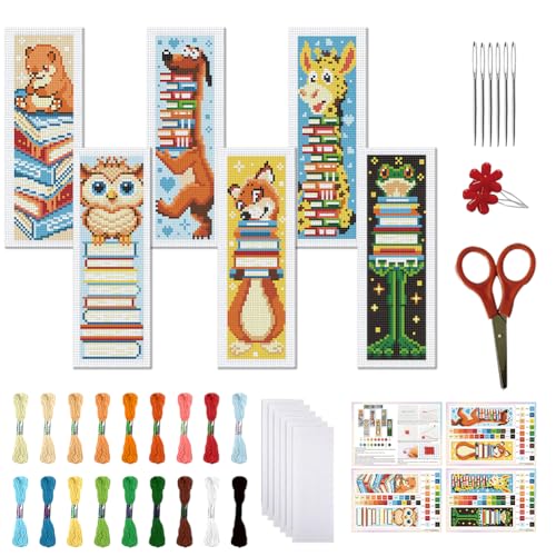 FREEBLOSS 6 Set Cross Stitch Bookmark Kit 11 CT Stamped Cross Stitch Kit DIY Embroidery Bookmark Kits for Adult Beginners with Instructions, Animal Books, 6 x 20 cm/8" x 2.4" - style: Animal&Books