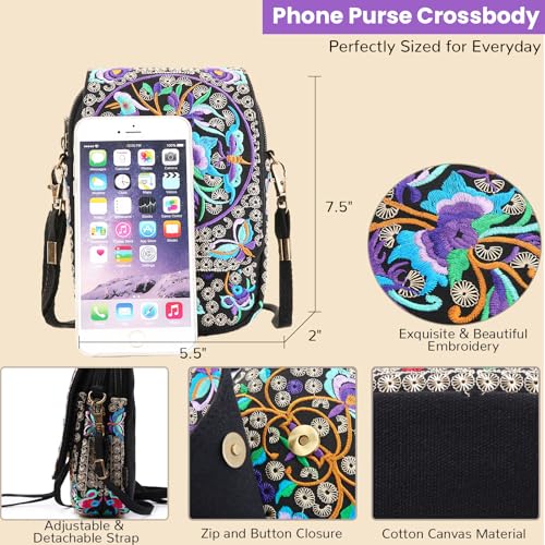 Embroidery Flowers Canvas Crossbody Bag, Women Messenger Bag, Cellphone Pouch Purse - color: Purple