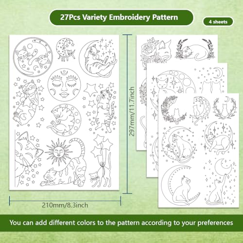 BENECREAT 4Sheets 27Pcs Moon Cat Water Soluble Embroidery, 11.7x8.3inch Stars and Flower Cat Stick and Stitch Embroidery Paper Stabilizer for Shirts, Coats, Bags - style: Moon Cat