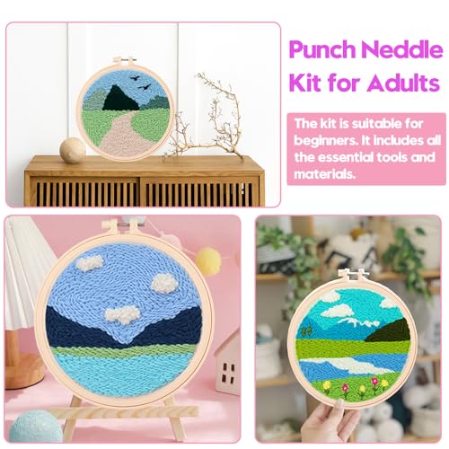 Cheloment 3 Sets Punch Needle Kits for Beginners,Includes Needles,Pattern Fabric,Yarns and Hoops, Needle Punch Kits for Adults&Kids,Easy to Learn,Stress Relief,Great for Home Decor - size: Snowy Mountain & River & Lane