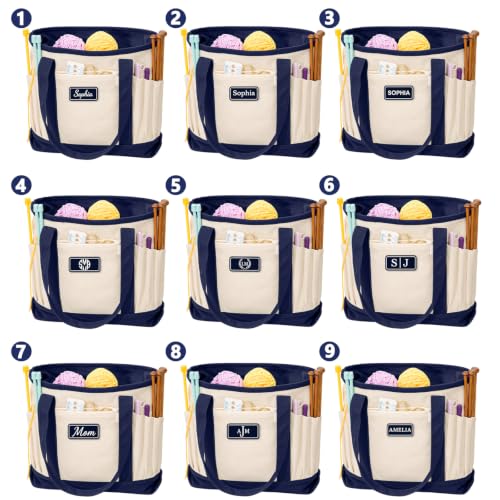 Personalized Crochet Bag with Custom Leather Patch or Embroidered Name, Canvas Knitting Tote for Yarn Storage, Crochet Organizer with Multiple Pockets, Custom Gift for Crocheters & Knitters - color: Nature-Navy, size: Make it Personal