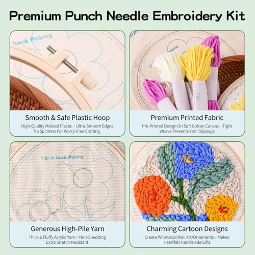 Fvbber Punch Needle Kits Adults Beginner, 2 Pcs DIY Easy Flower Embroidery Set with Patterns, Tools, Yarns, Hoop, Instruction for Home Decor, Craft Gift (Flower 1