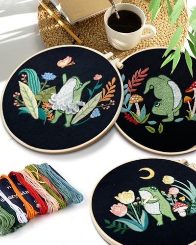 TINDTOP 3 Sets Embroidery Kit for Adults, Frog Embroidery Practice Kit - color: Frog