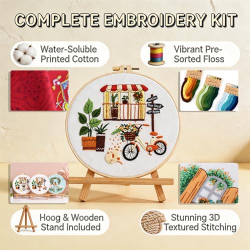 Qupace 3 Pcs Farmhouse Kits for Woman,Beginner Embroidery Kits for Adults,Garden Balcony Scene Pattern Cross Stitch, Green Themed Needlework Sewing Craft Kit - color: Green