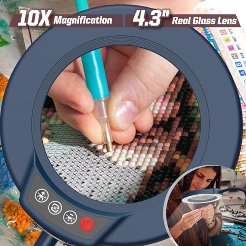 10X Magnifying Glass with Light and Stand, 5 Color Modes Stepless Dimmable LED Lighted Desk Lamp, Hands Free Flexible Gooseneck Magnifier with Light for Craft Hobby Painting Close Work - Blue - color: Blue, size: 10X-12.6in