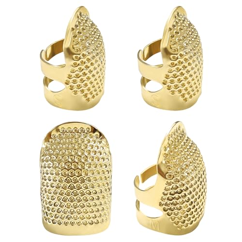 FR 4 Pack (2 Sizes, S/M) Sewing Thimble Finger Protector, Adjustable Finger Metal Shield Protector Pin Needles Sewing Quilting Craft Accessories DIY Sewing Tools Needlework Gold - style: Adjustable Gold