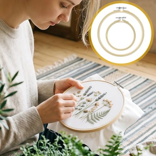 2 PCS Embroidery Hoops, 4" and 6" Bamboo Cross Stitch Hoops Set Adjustable Frame Hoop for Embroidery, Cross Stitch, Art Craft Sewing, and DIY Decoration