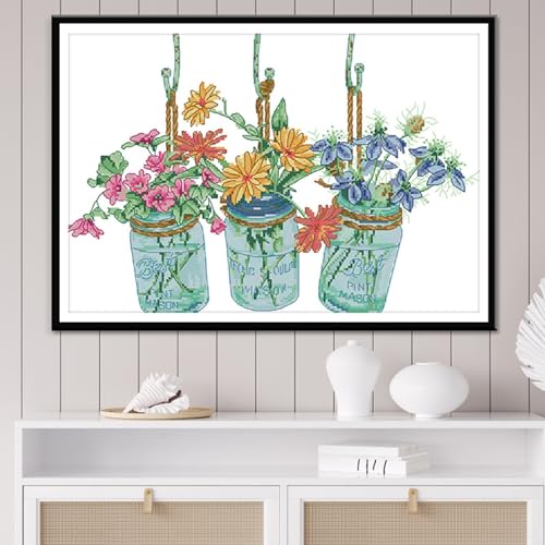 Rosyfoxes Cross Stitch Kits Stamped Full Range of Embroidery Starter Kits for Beginners DIY- Printed Kit Three Vase of Flowers 1(Printed) 11CT 3 Strands 20.9x15.4 inches - color: Three Vase of Flowers 1 53×39cm