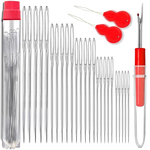 25 PCS Large Eye Sewing Needles, 5 Sizes Hand Sewing Needles, Including Embroidery - 25PCs with 2 Pcs Needle Threader and 1 Pcs Seam Ripper - color: 25 pack